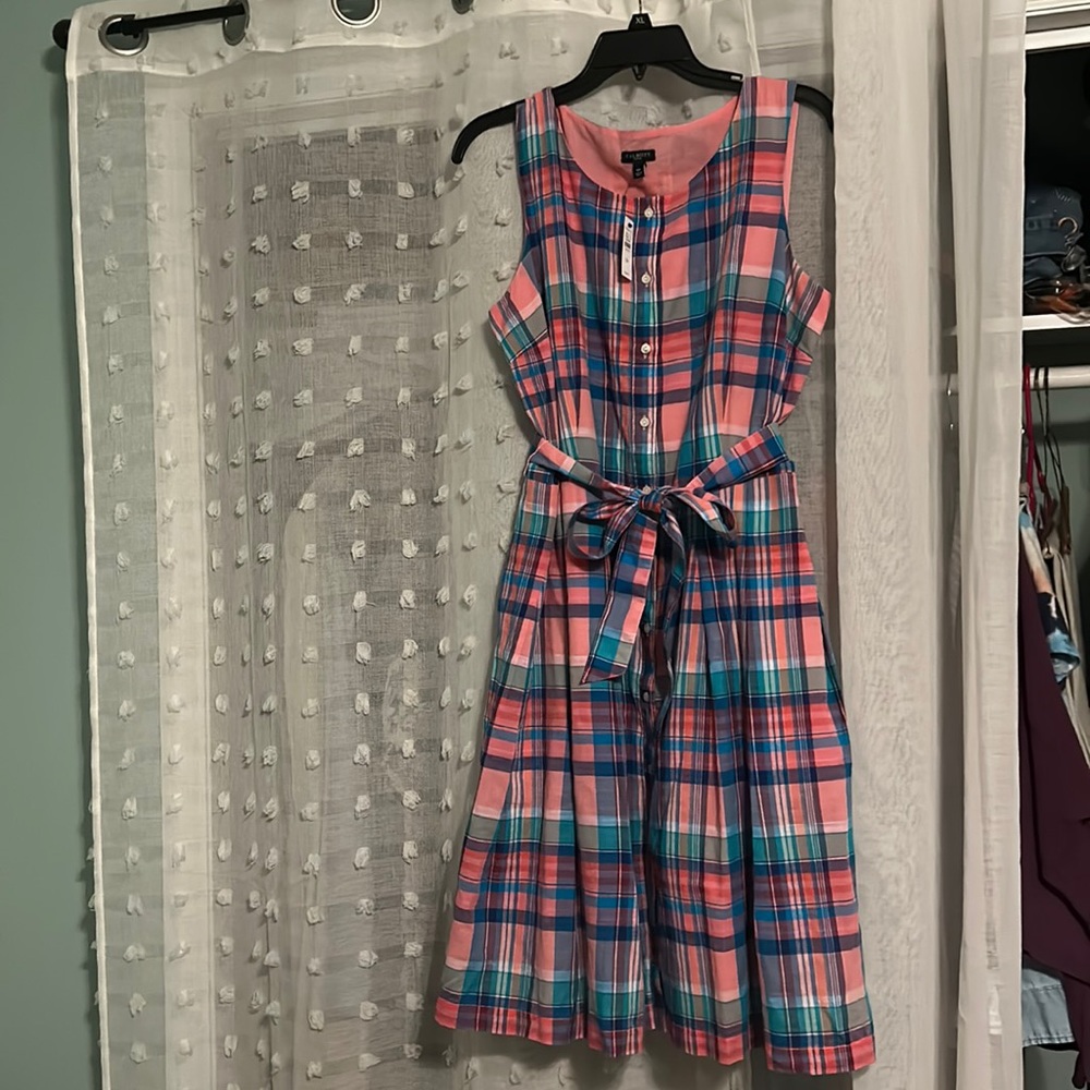 Talbots Madras Pink and Blue Plaid Button Front Shirt Dress with Belt Size 12p